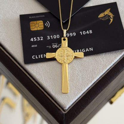 Pingente Crucifixo Com Medalha De São Bento 5x3,2cm Banhado A Ouro 18k