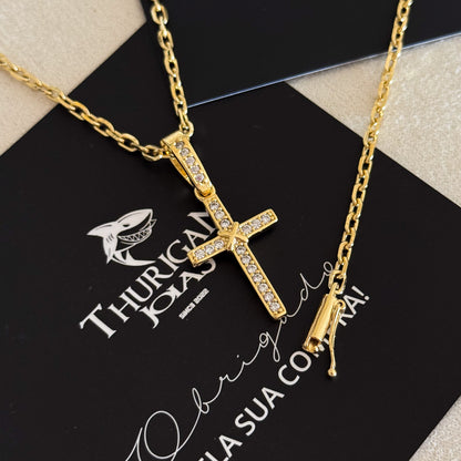 Colar Crucifixo Amarrado Cravejado - Corrente e Pulseira Cadeado 2mm Banhado A Ouro 18k