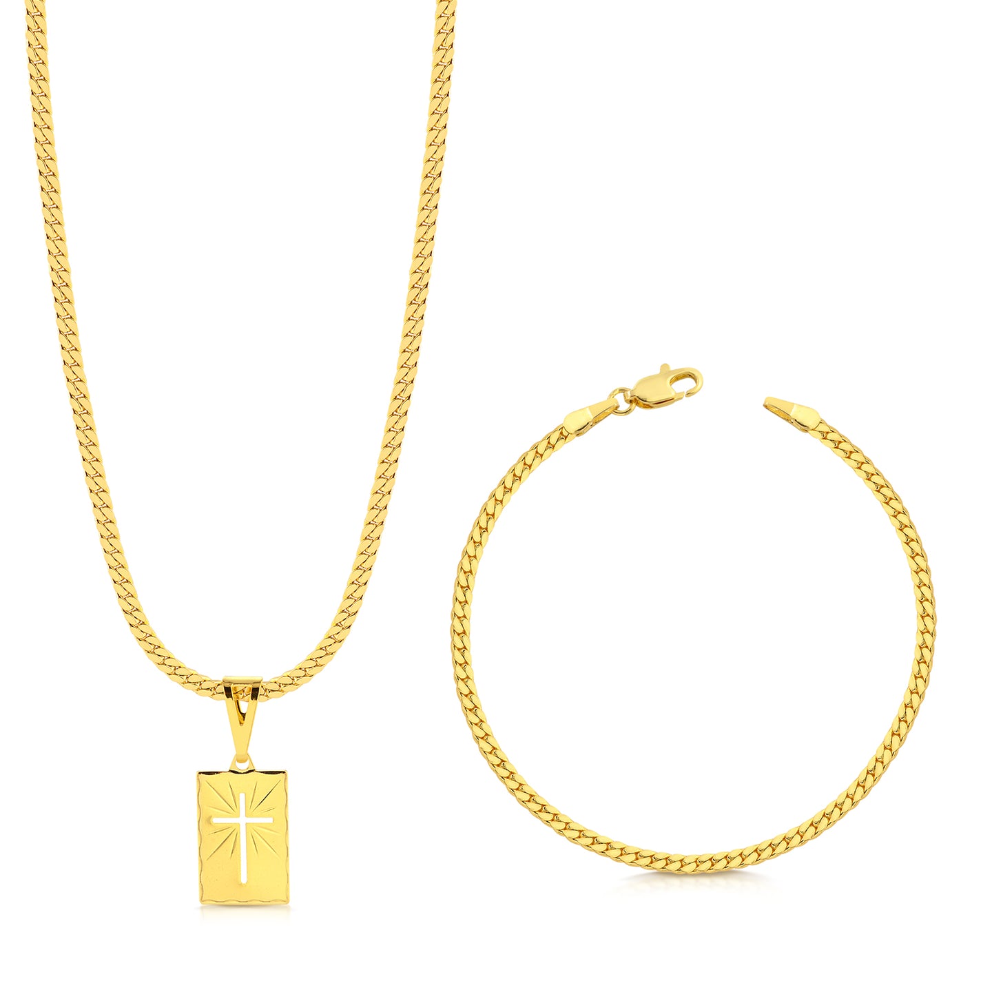 Colar Plaquinha Crucifixo Vazado - Corrente e Pulseira Grumet Flat Banhado A Ouro 18k