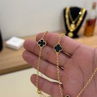 Kit Corrente e Pulseira Elo Português 2mm Trevo Ônix Banhado A Ouro 18k