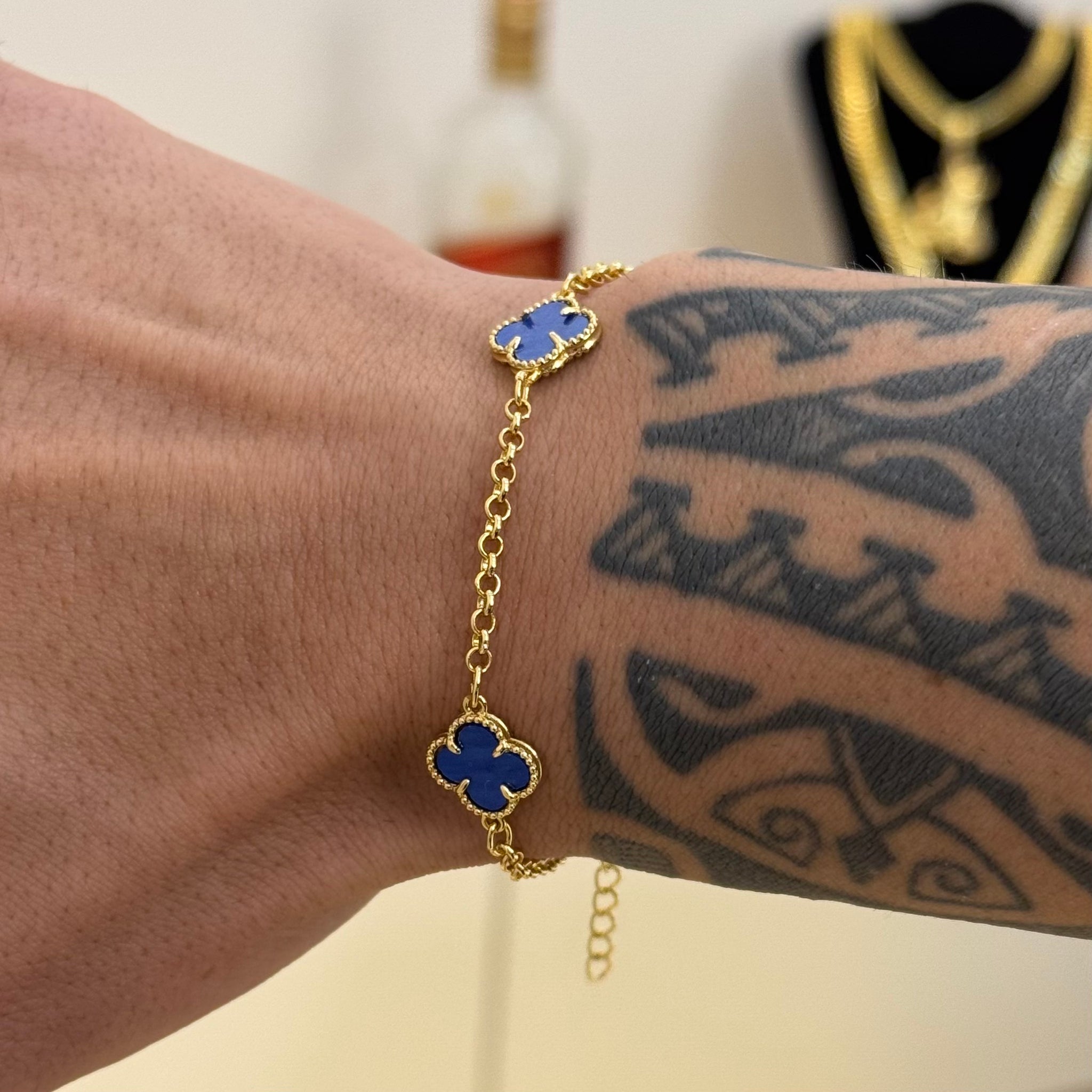 Pulseira Elo Português 2mm Trevo Topázio Banhado A Ouro 18k