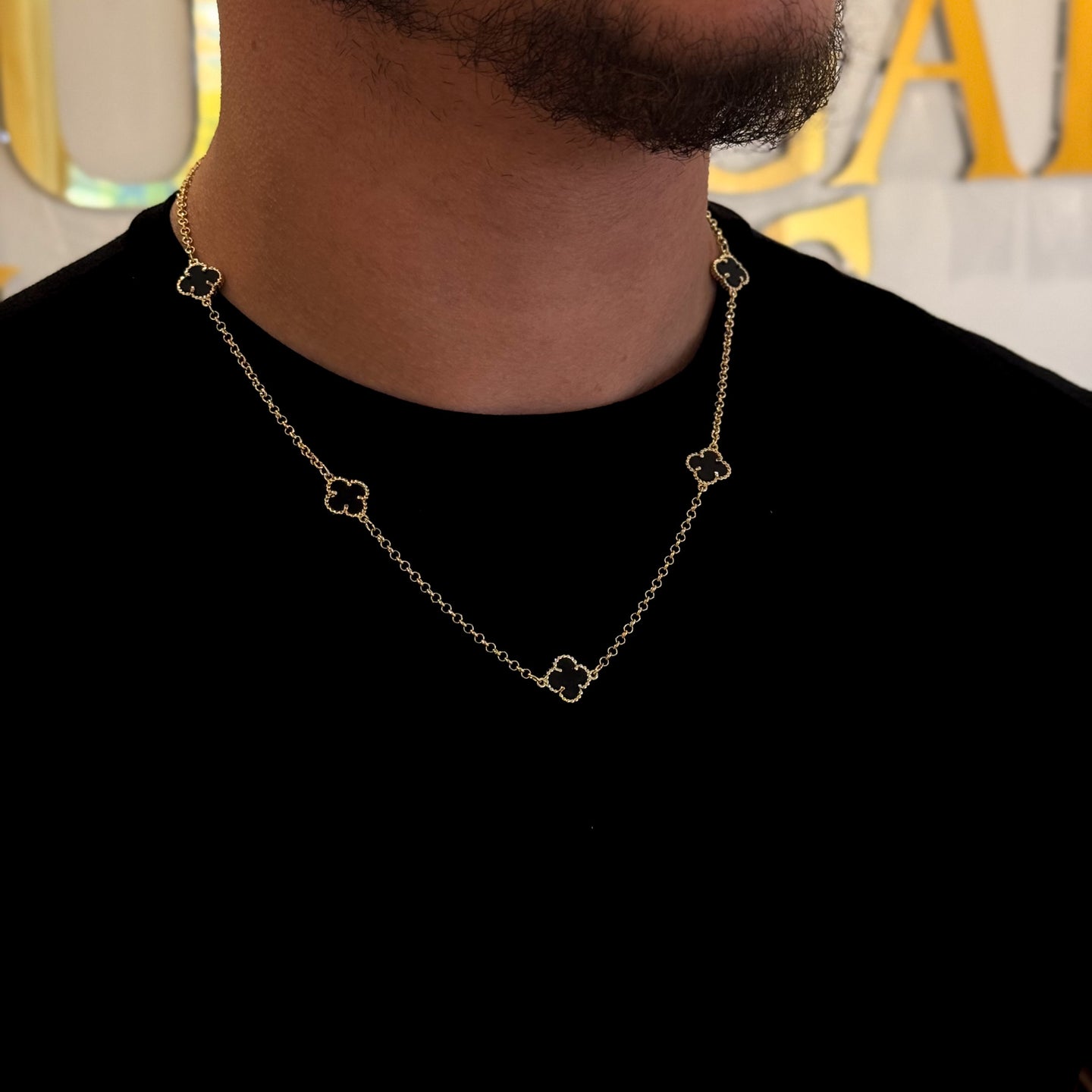Corrente Elo Português 2mm Trevo Ônix Banhado A Ouro 18k