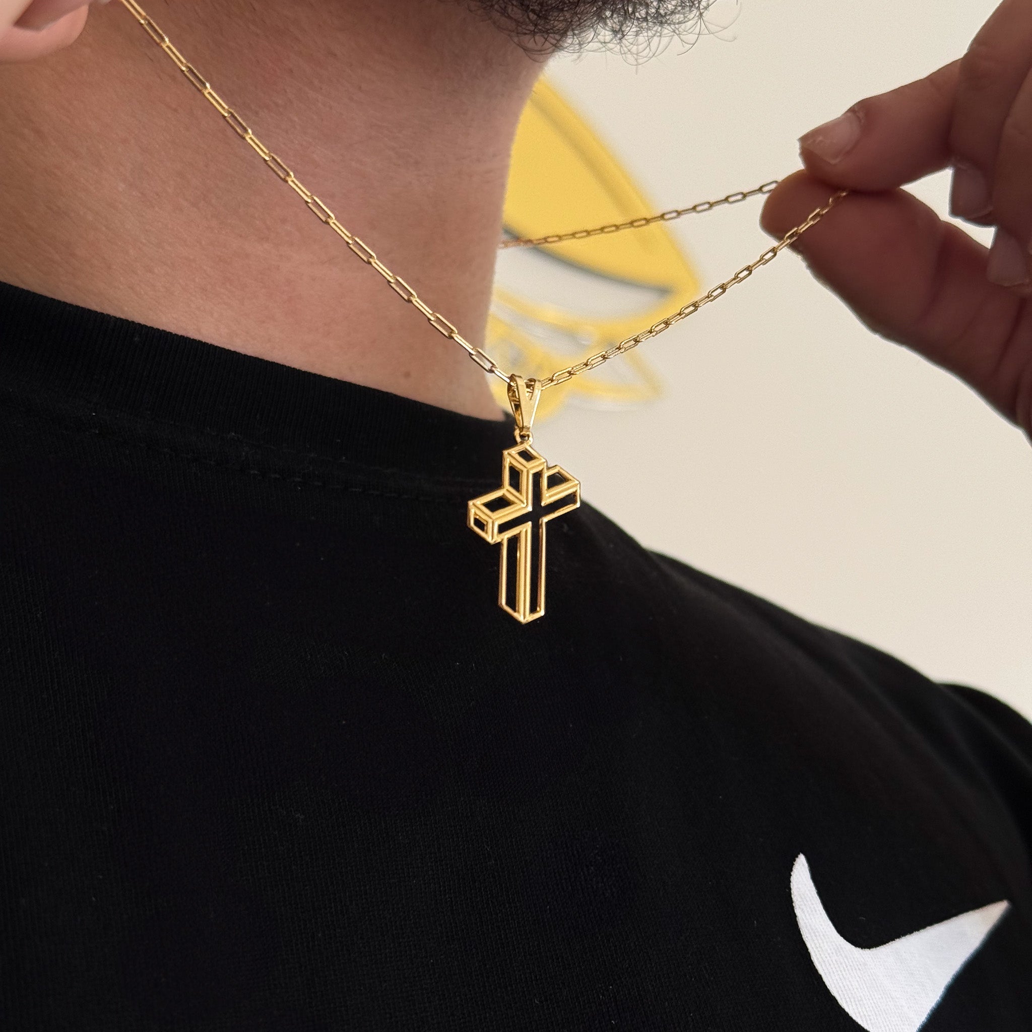 Colar Crucifixo 3D - Corrente e Pulseira Cadeado Alongado Banhado A Ouro 18k