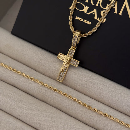 Colar Crucifixo Face De Cristo Cravejado P - Corrente e Pulseira Baiana Banhado A Ouro 18k