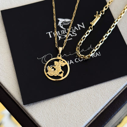 Colar Medalha de São Jorge Vazado - Corrente Cadeado Alongado e Pulseira Veneziana Banhado A Ouro 18k