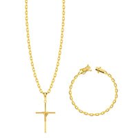 Colar Crucifixo Palito M - Corrente e Pulseira Cadeado Banhado A Ouro 18k