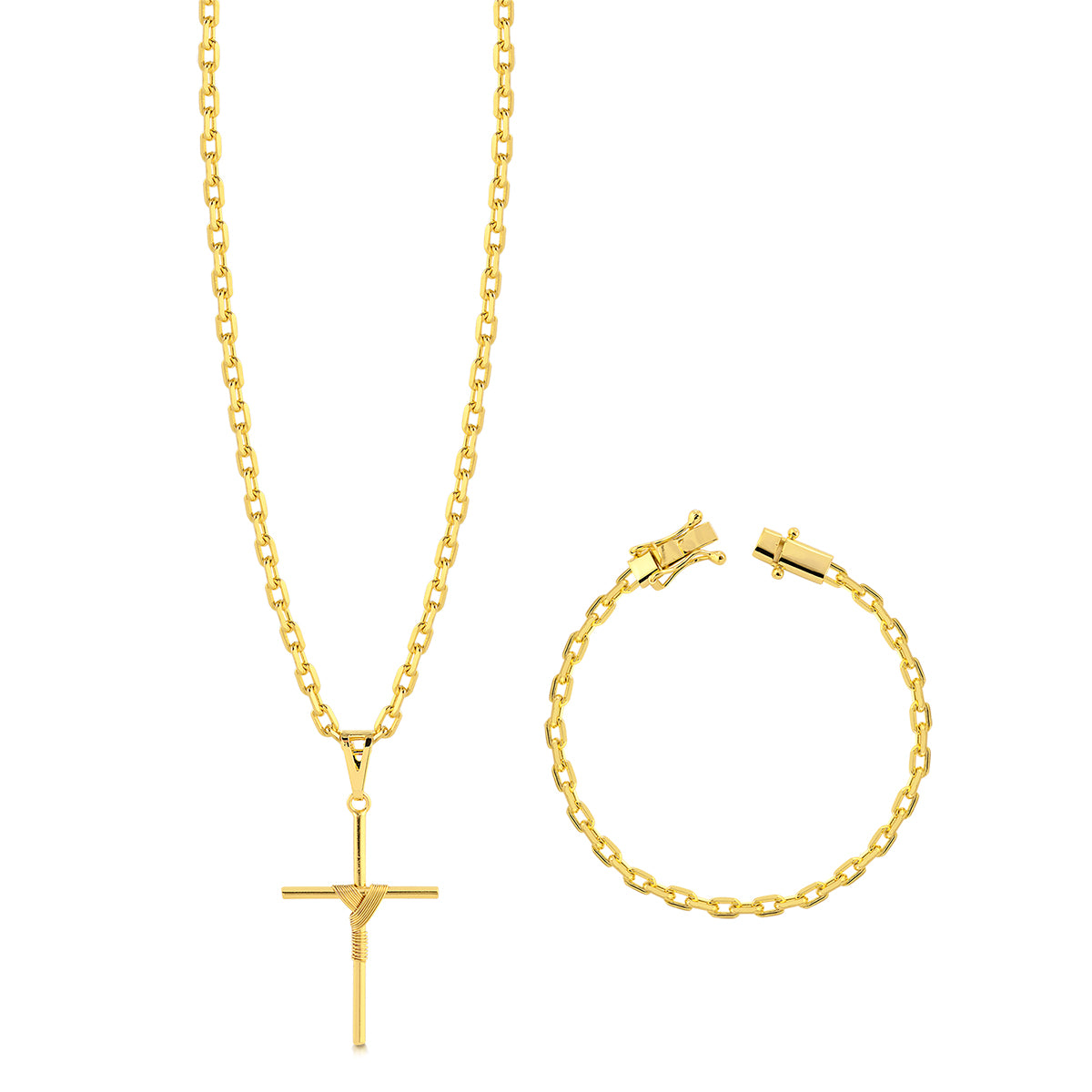 Colar Crucifixo Palito M - Corrente e Pulseira Cadeado Banhado A Ouro 18k
