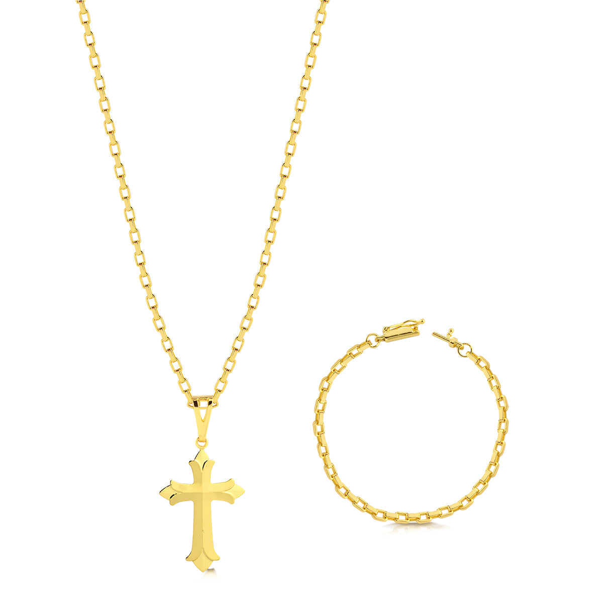 Colar Crucifixo Português - Corrente e Pulseira Veneziana Banhado A Ouro 18k