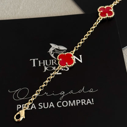 Pulseira Elo Português 2mm Trevo Rubi  Banhado A Ouro 18k