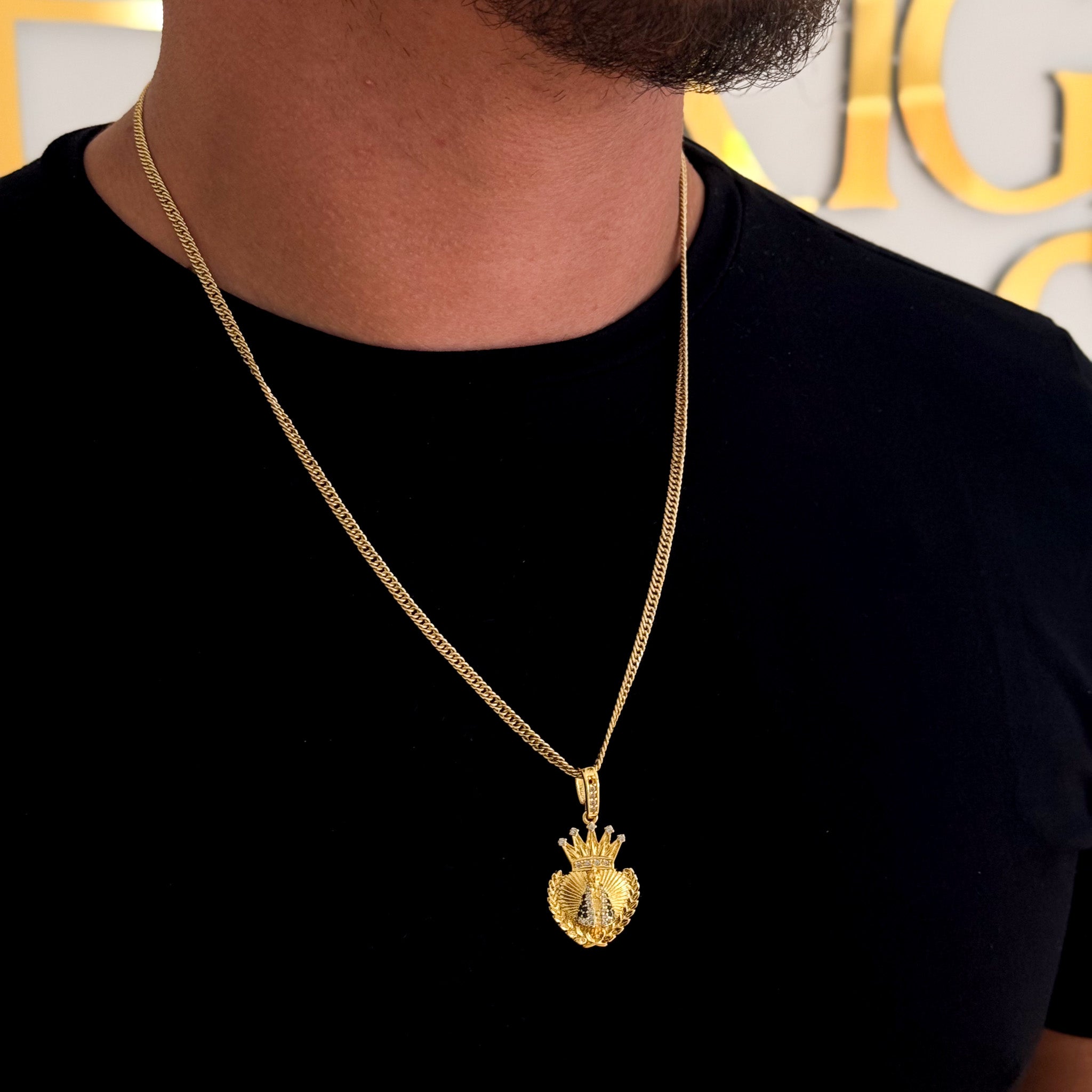 Colar Coração N. Sra. Aparecida Cravejado P - Corrente e Pulseira Lacraia Banhado A Ouro 18k