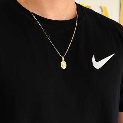 Colar Plaquinha Oval N. Sra. Das Graças - Corrente Cadeado Alongado e Pulseira Piastrine Banhado A Ouro 18k