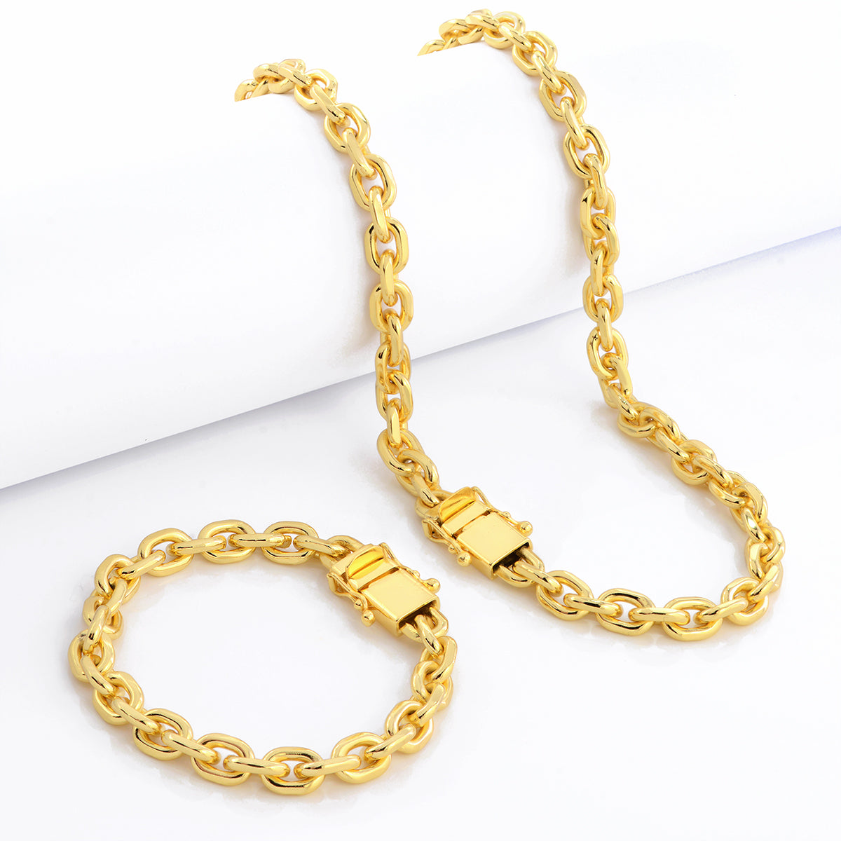 Kit Corrente e Pulseira Cadeado 8mm Fecho Duplo Banhado A Ouro 18k