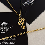 Colar Crucifixo 3D - Corrente Cadeado e Pulseira Veneziana Banhado A Ouro 18k