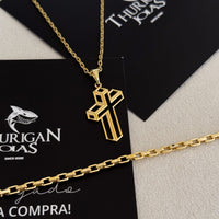 Colar Crucifixo 3D - Corrente Cadeado e Pulseira Veneziana Banhado A Ouro 18k