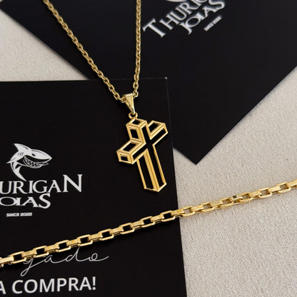 Colar Crucifixo 3D - Corrente Cadeado e Pulseira Veneziana Banhado A Ouro 18k