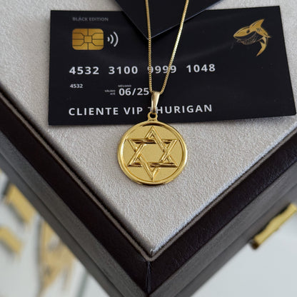 Pingente Medalha Estrela de Davi 3x3cm Banhado A Ouro 18k