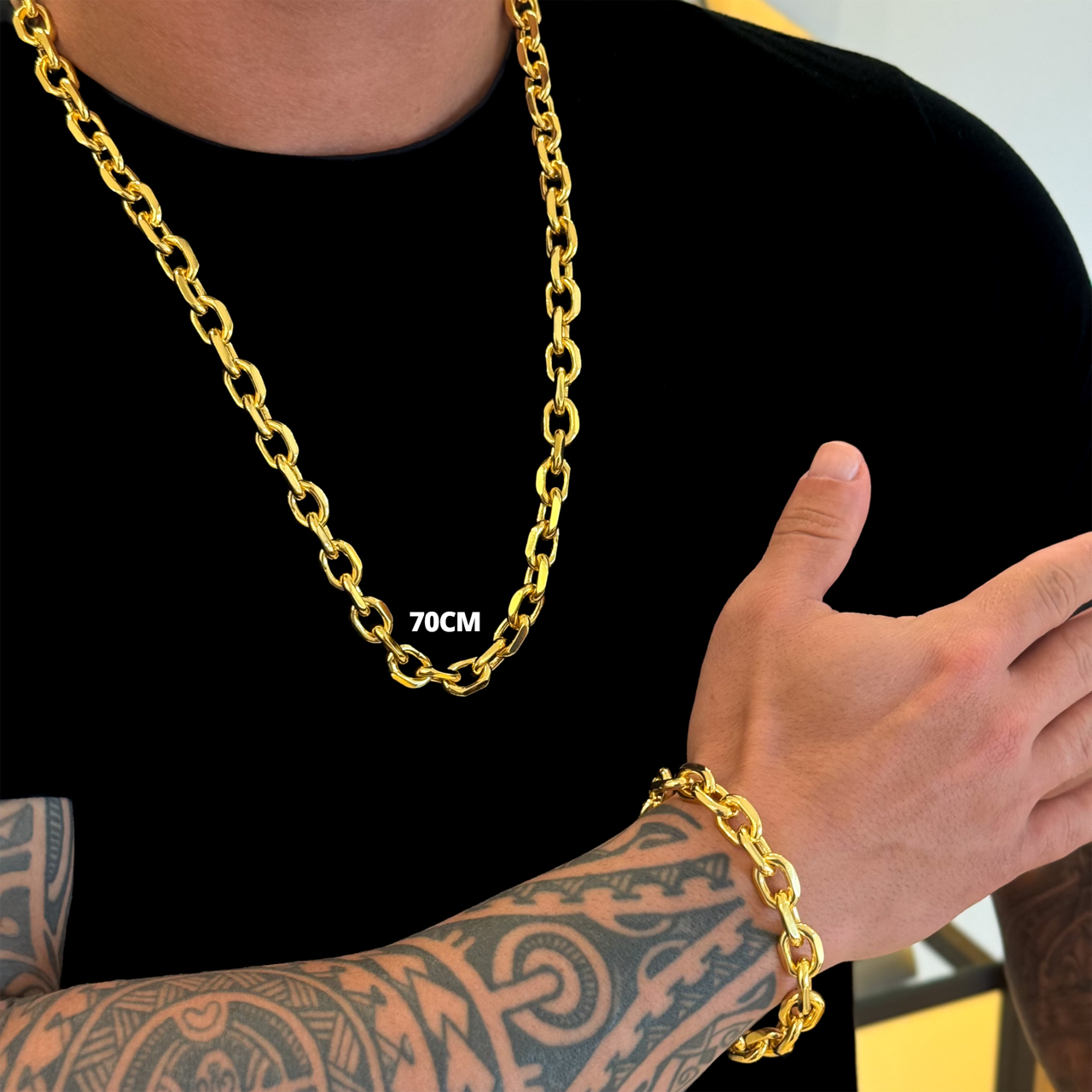 Kit Corrente e Pulseira Cadeado 8mm Fecho Duplo Banhado A Ouro 18k