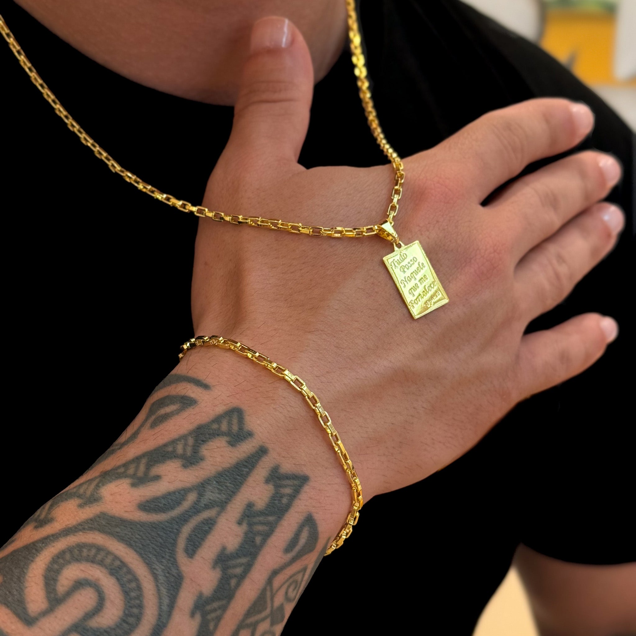 Colar Filipenses 4:13 - Corrente e Pulseira Veneziana Banhado A Ouro 18k