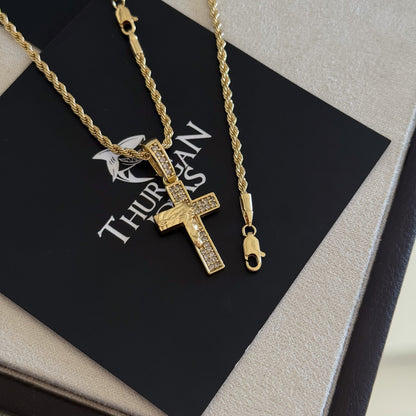 Colar Crucifixo Face De Cristo Cravejado P - Corrente e Pulseira Baiana Banhado A Ouro 18k