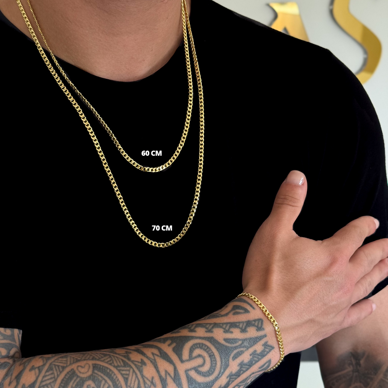 Kit Corrente e Pulseira Grumet 4mm Fecho Duplo Banhado A Ouro 18k
