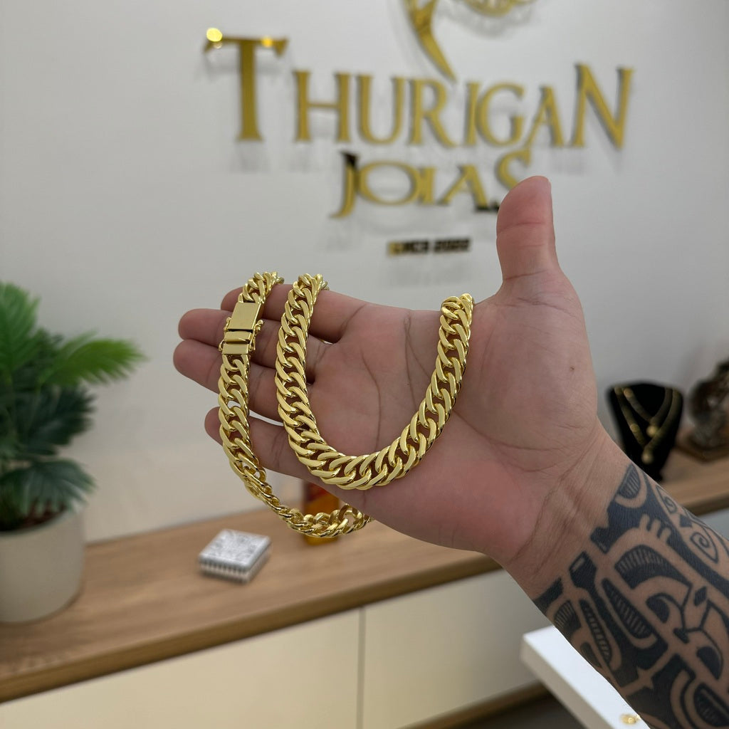 Kit Corrente e Pulseira Lacraia 13mm Fecho Duplo Banhado A Ouro 18k