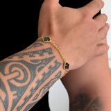 Colar Crucifixo Amarrado - Corrente Elo Português e Pulseira Elo Português Trevo Ônix Banhado A Ouro 18k