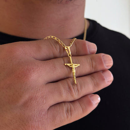 Colar Crucifixo Palito Jesus P - Corrente e Pulseira Grumet Alongada Banhado A Ouro 18k