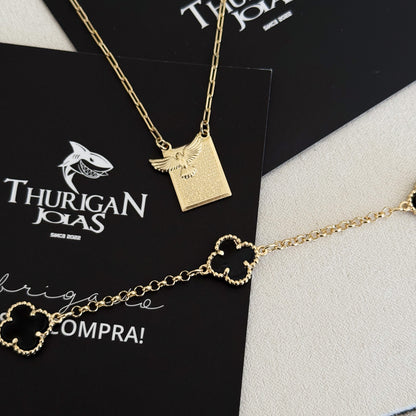 Kit Escapulário Espírito Santo Oração Pai Nosso e Pulseira Trevo Onix Banhado A Ouro 18k