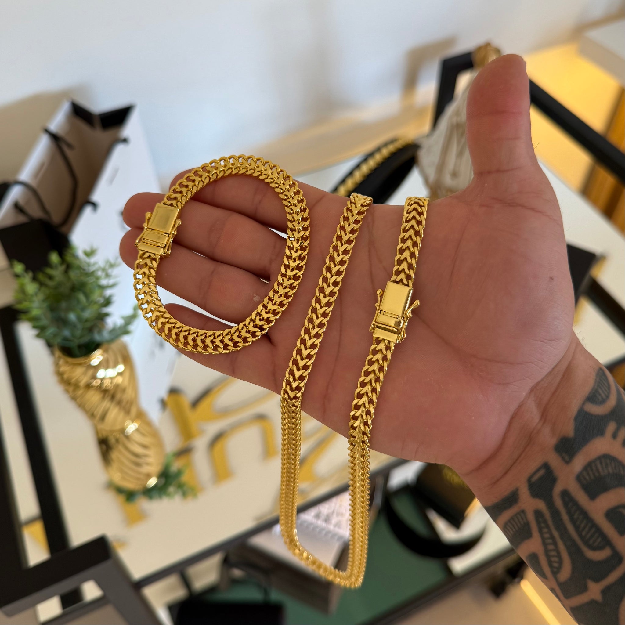 Kit Corrente e Pulseira Grumet Dupla 9mm Fecho Duplo Banhado A Ouro 18k