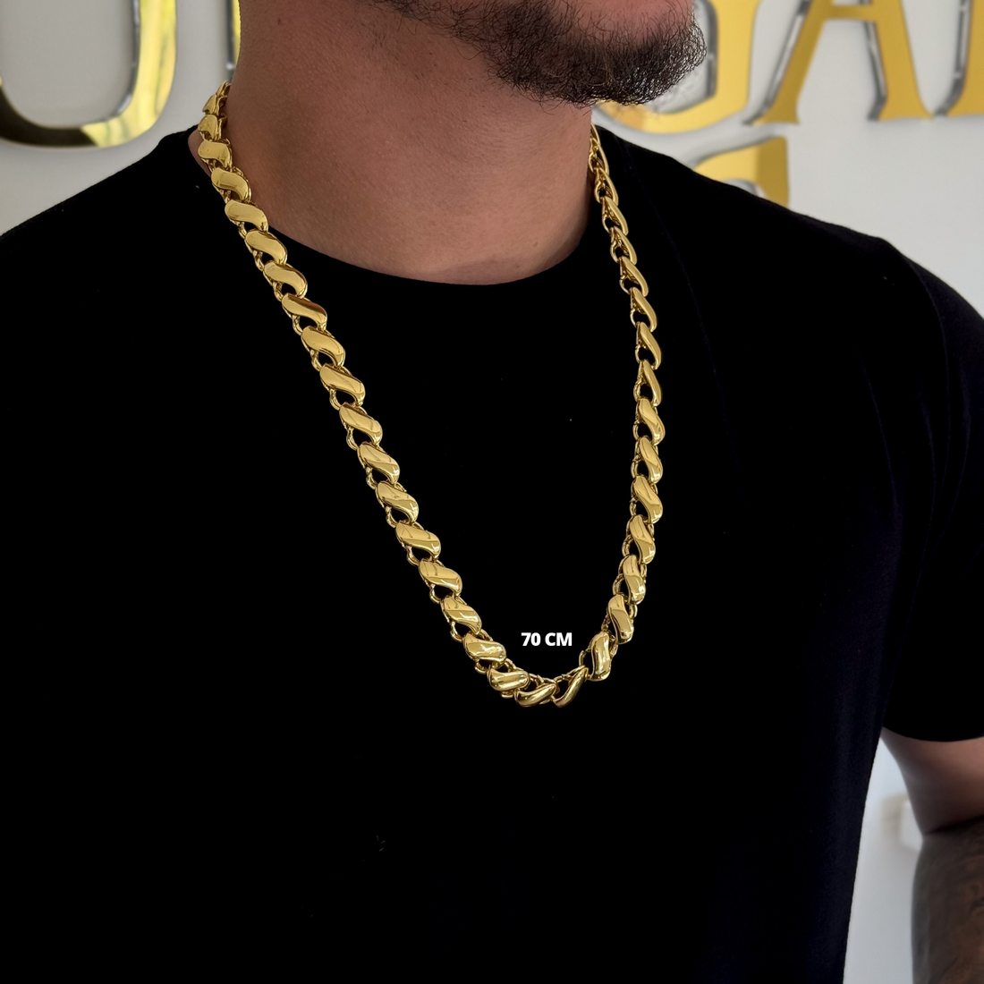 Kit Corrente e Pulseira Friso S 12mm Fecho Duplo Banhado A Ouro 18k