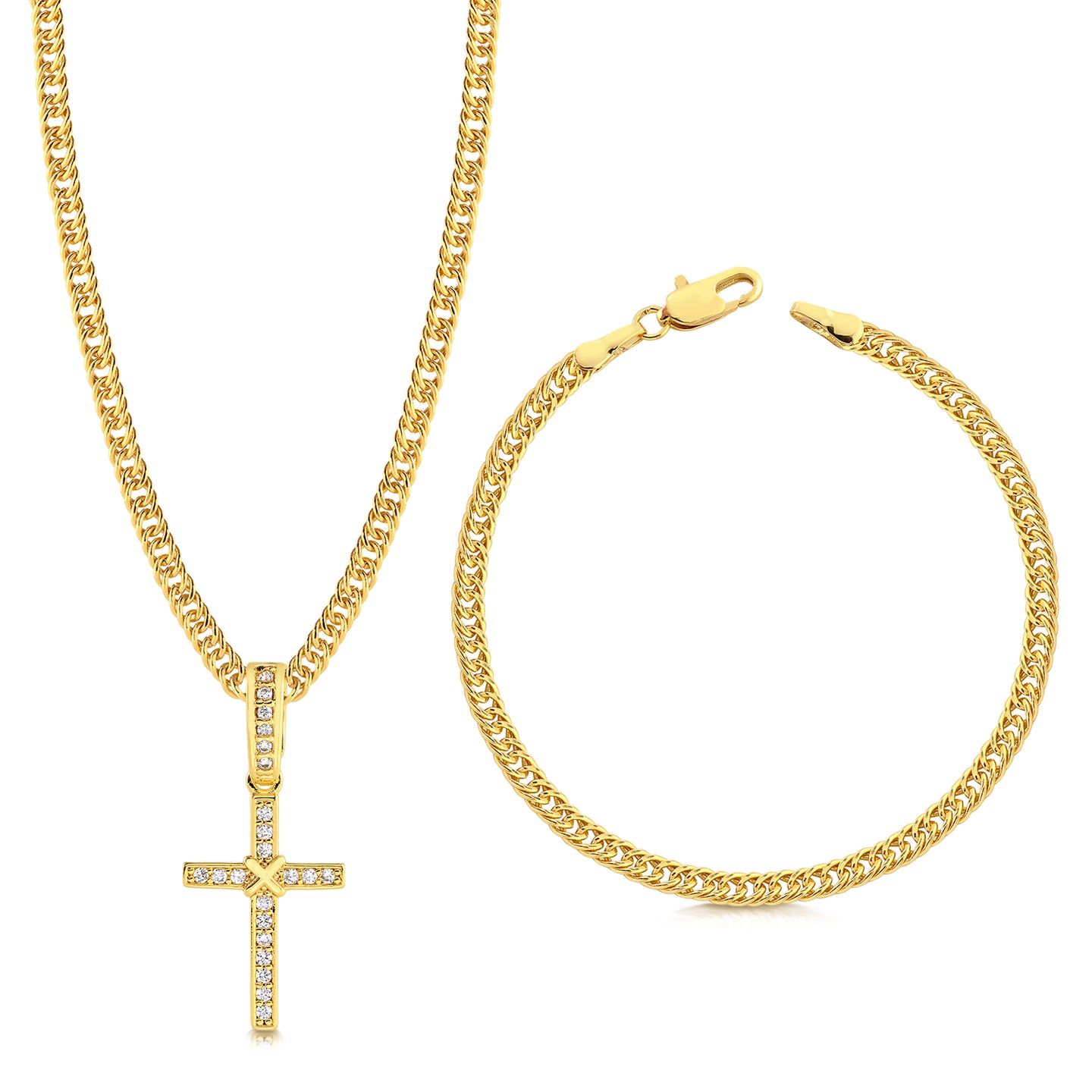 Colar Crucifixo Amarrado Cravejado - Corrente e Pulseira Lacraia Banhado A Ouro 18k