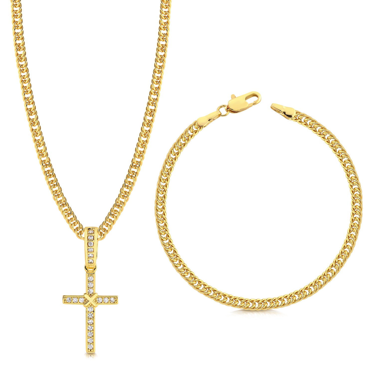 Colar Crucifixo Amarrado Cravejado - Corrente e Pulseira Lacraia Banhado A Ouro 18k