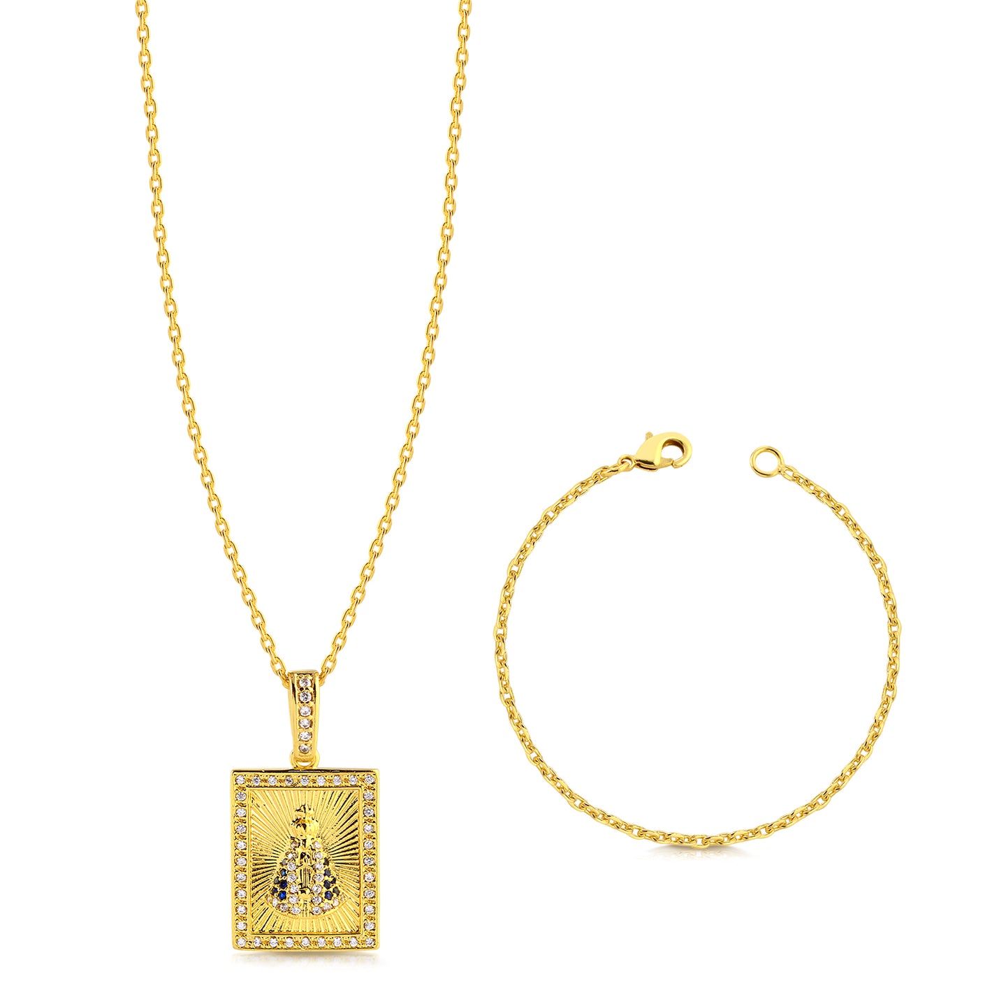 Colar Plaquinha N. Sra. Aparecida Detalhado Cravejado P - Corrente e Pulseira Cadeado Banhado A Ouro 18k