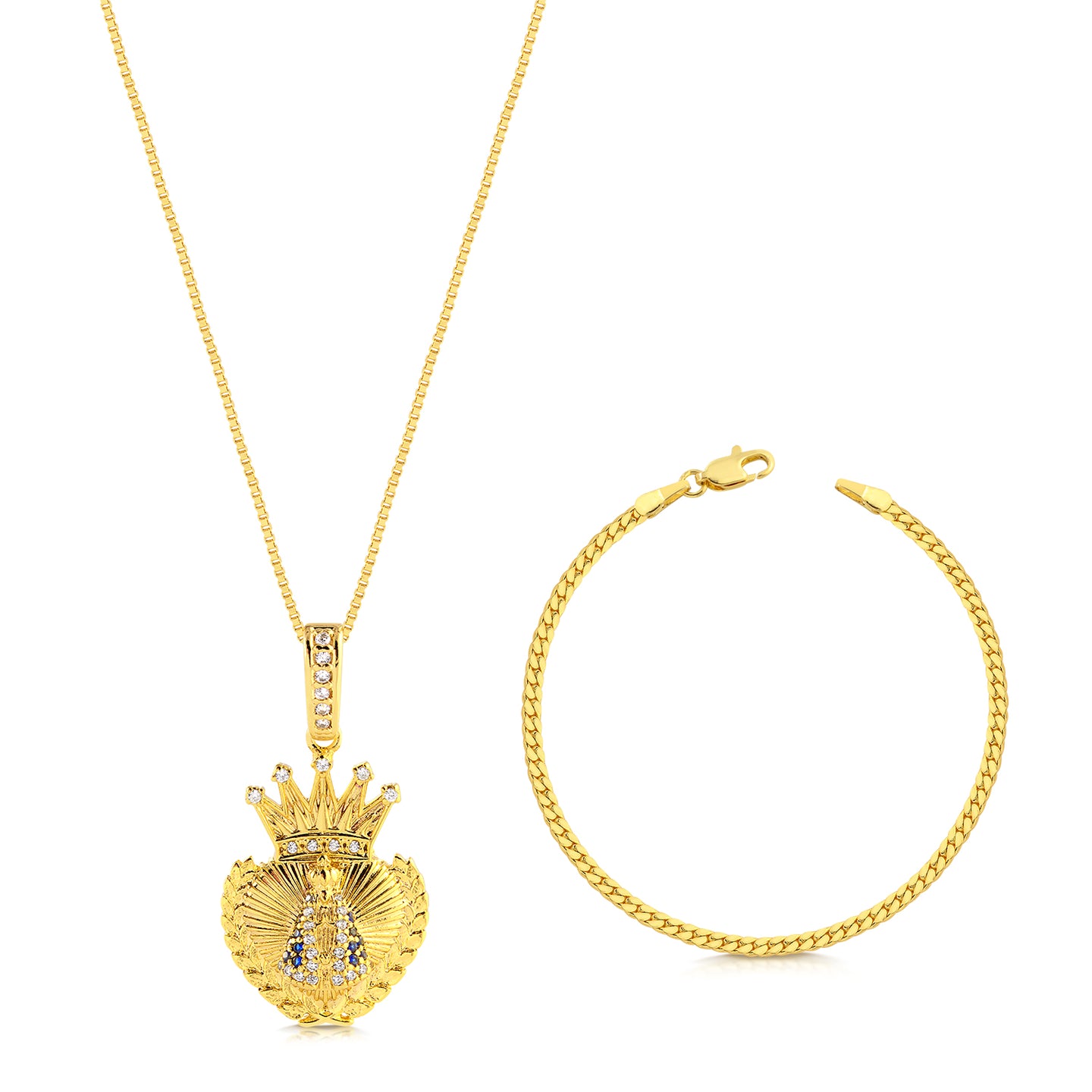Colar Coração N. Sra. Aparecida Cravejado P - Corrente Veneziana e Pulseira Grumet Flat Banhado A Ouro 18k