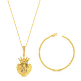 Colar Coração N. Sra. Aparecida Cravejado P - Corrente Veneziana e Pulseira Grumet Flat Banhado A Ouro 18k