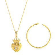 Colar Coração N. Sra. Aparecida Cravejado P - Corrente Veneziana e Pulseira Grumet Flat Banhado A Ouro 18k