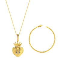 Colar Coração N. Sra. Aparecida Cravejado P - Corrente Veneziana e Pulseira Grumet Flat Banhado A Ouro 18k