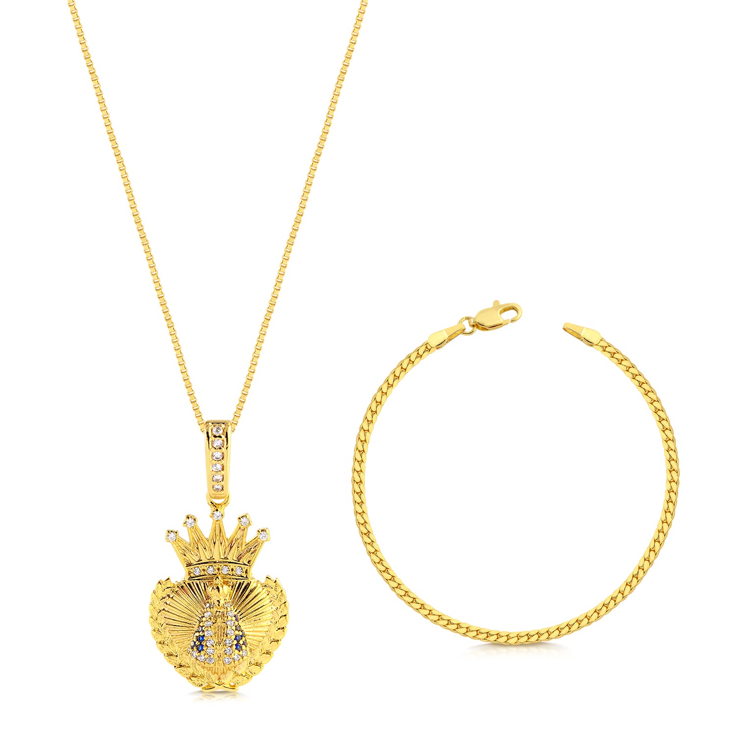 Colar Coração N. Sra. Aparecida Cravejado P - Corrente Veneziana e Pulseira Grumet Flat Banhado A Ouro 18k