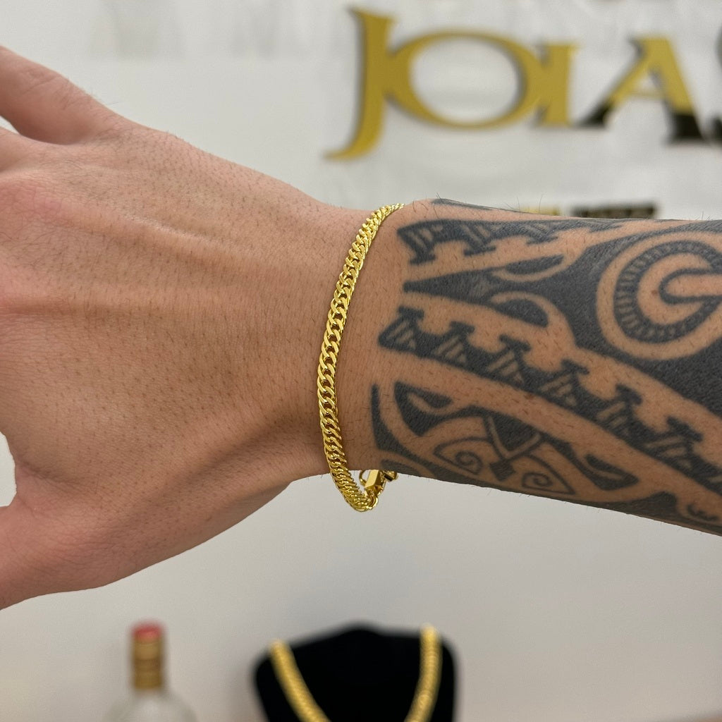 Kit Corrente e Pulseira Lacraia 4mm Fecho Duplo Banhado A Ouro 18k