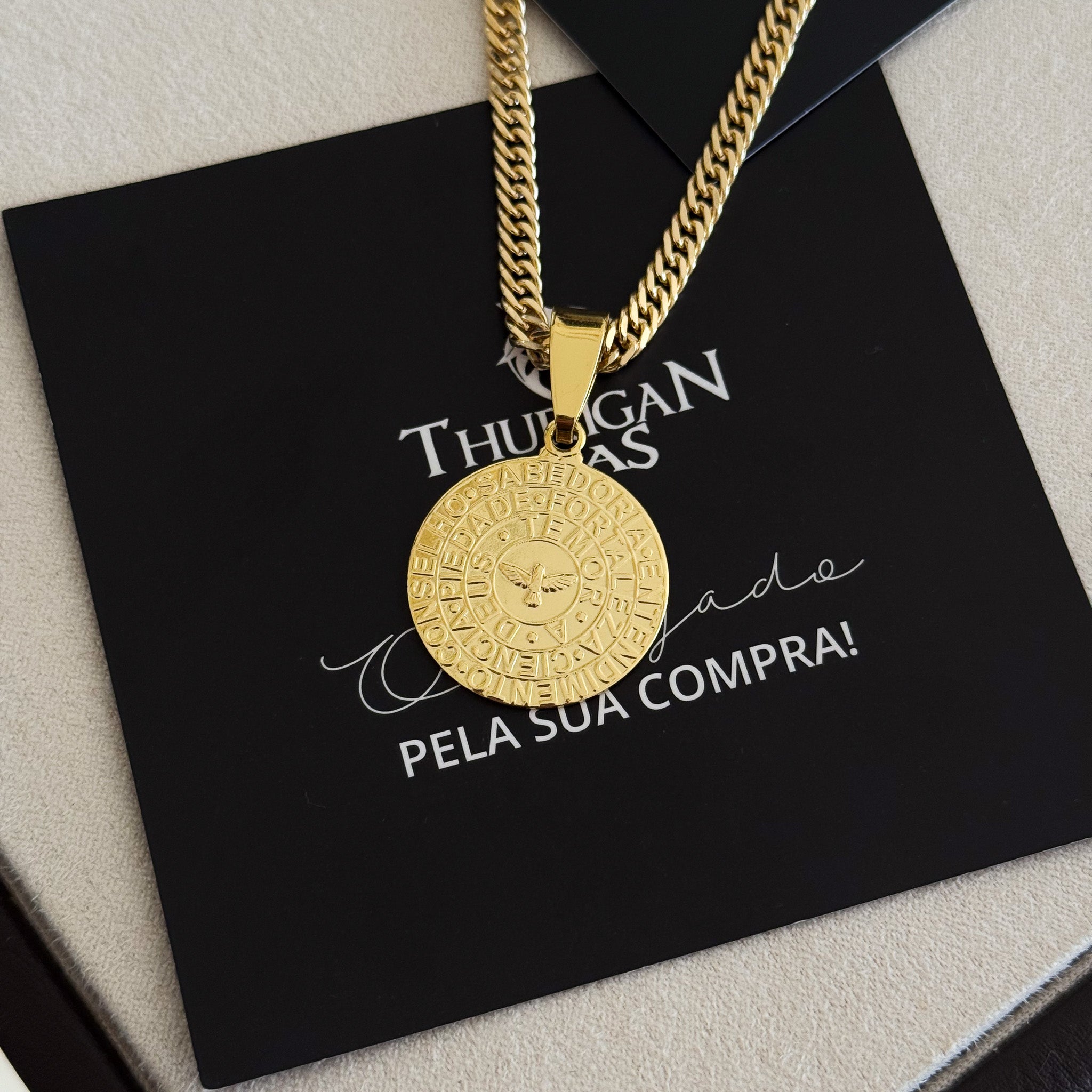 Colar Medalha Espírito Santo Características - Corrente Lacraia Banhado A Ouro 18k