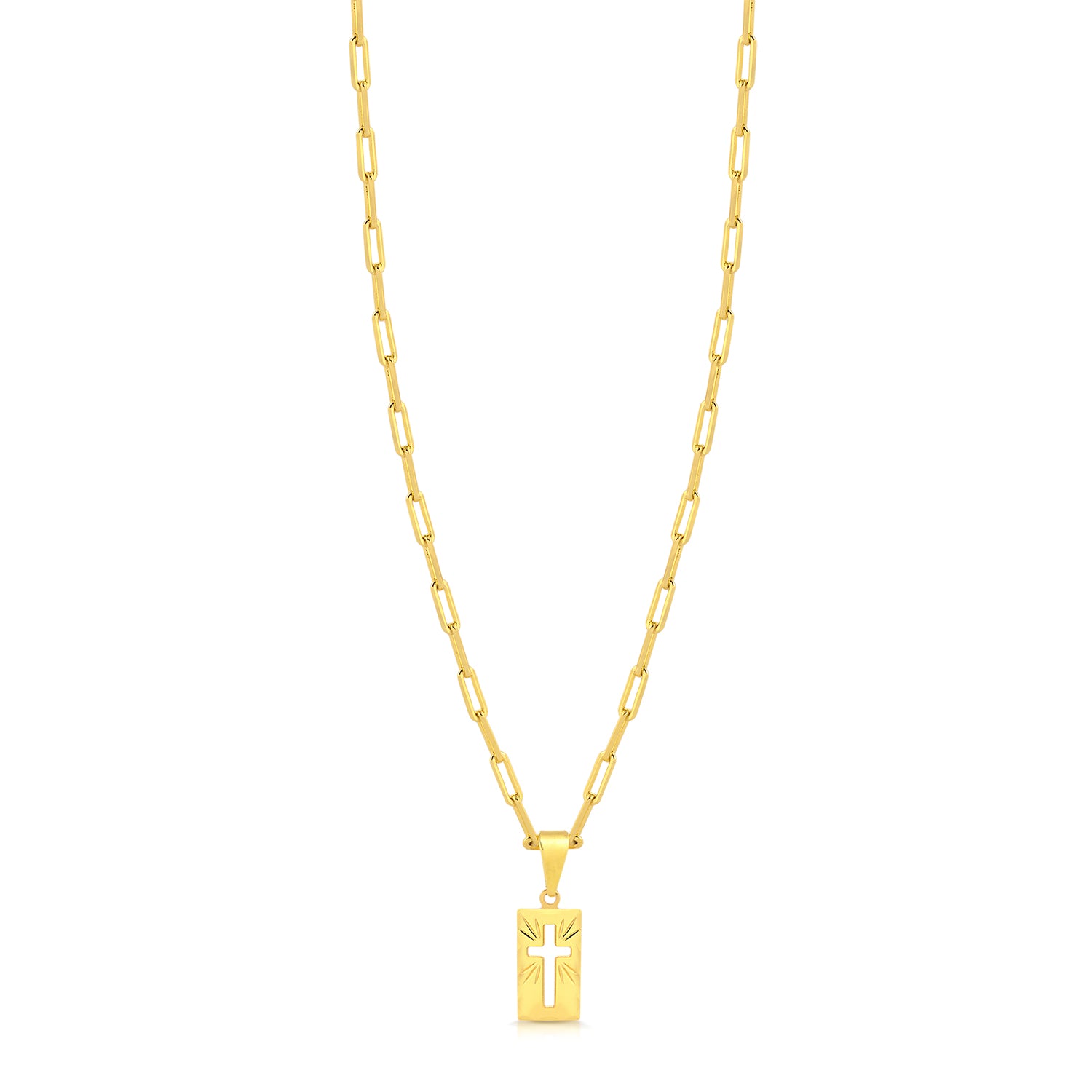Colar Plaquinha Crucifixo Vazado - Corrente Cadeado Alongado Banhado A Ouro 18k