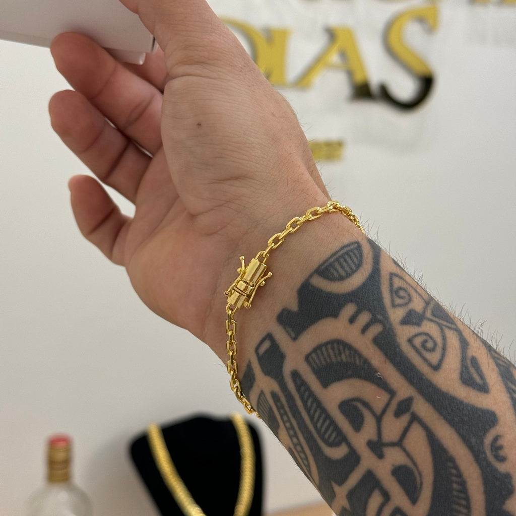 Kit Corrente e Pulseira Cadeado 3,5mm Fecho Bomba Banhado A Ouro 18k