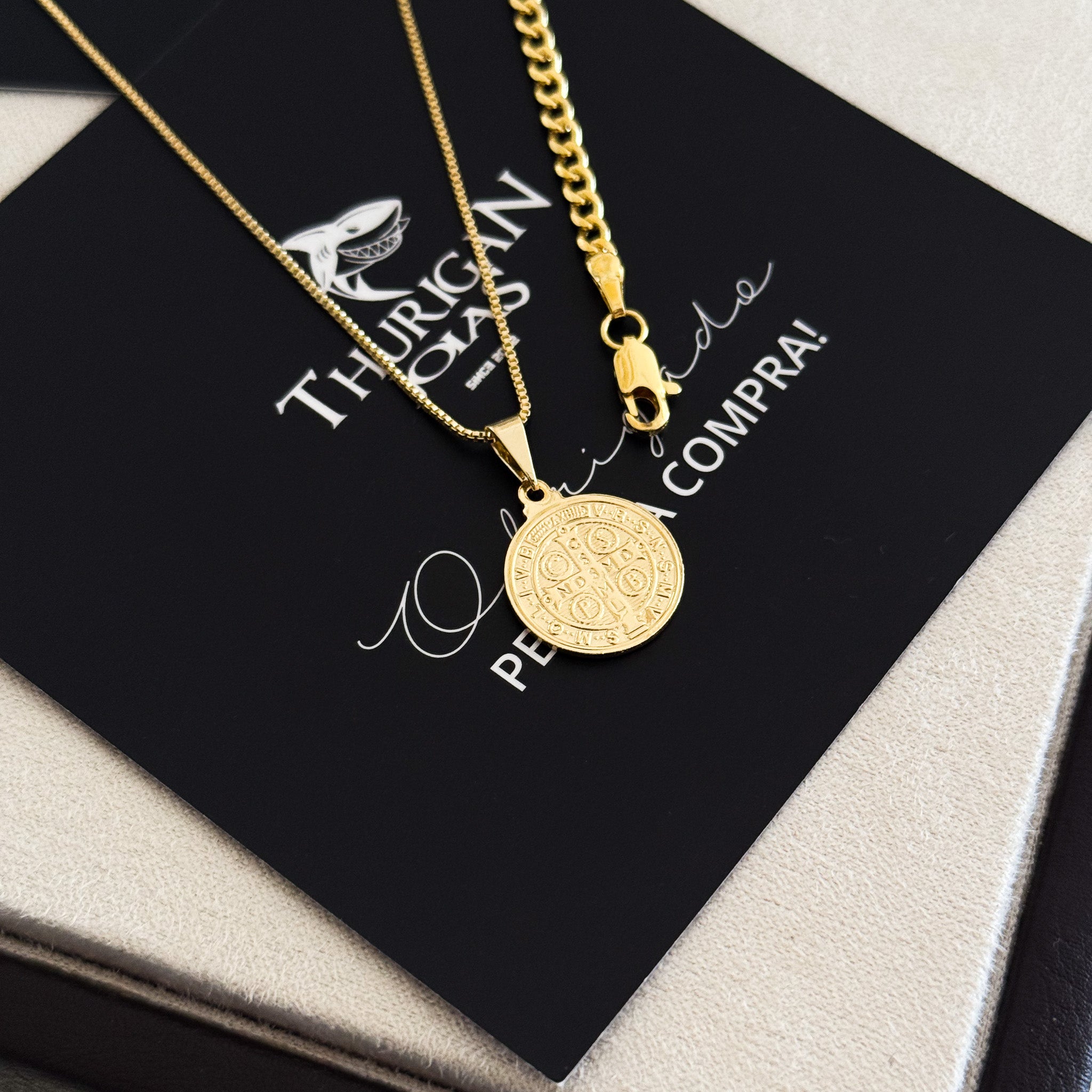 Colar Medalha De São Bento - Corrente Veneziana e Pulseira Grumet Banhado A Ouro 18k
