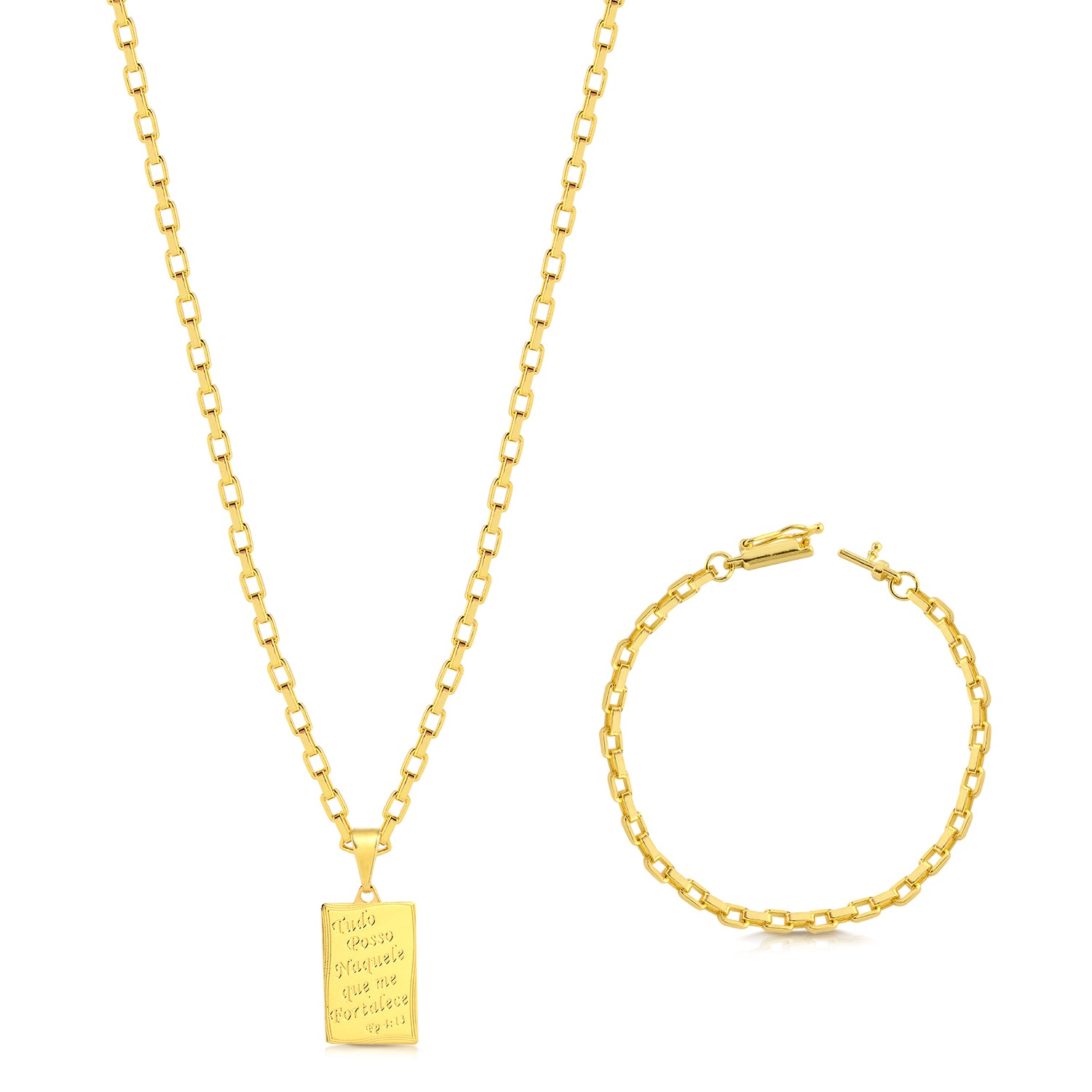 Colar Filipenses 4:13 - Corrente e Pulseira Veneziana Banhado A Ouro 18k