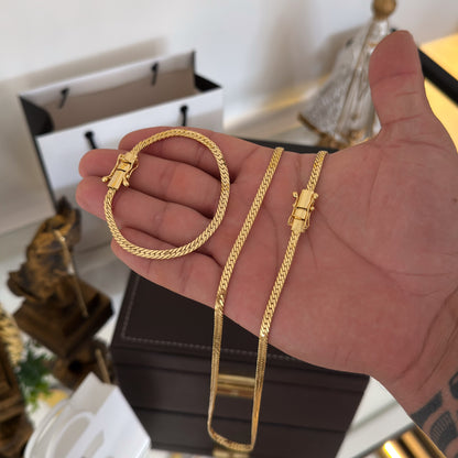 Kit Corrente e Pulseira Grumet Flat 4mm Fecho Duplo Banhado A Ouro 18k