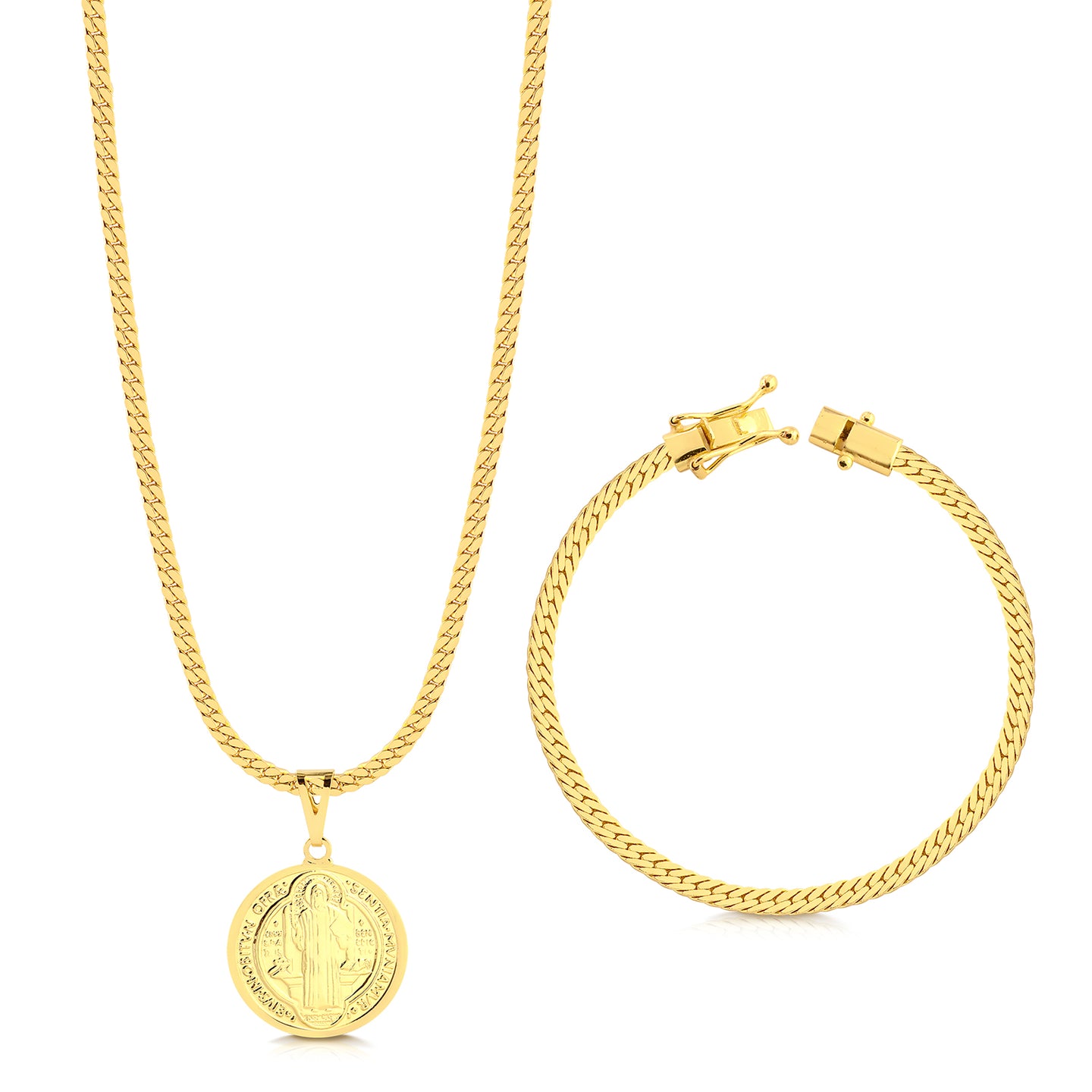 Colar Medalha De São Bento - Corrente e Pulseira Grumet Flat Banhado A Ouro 18k