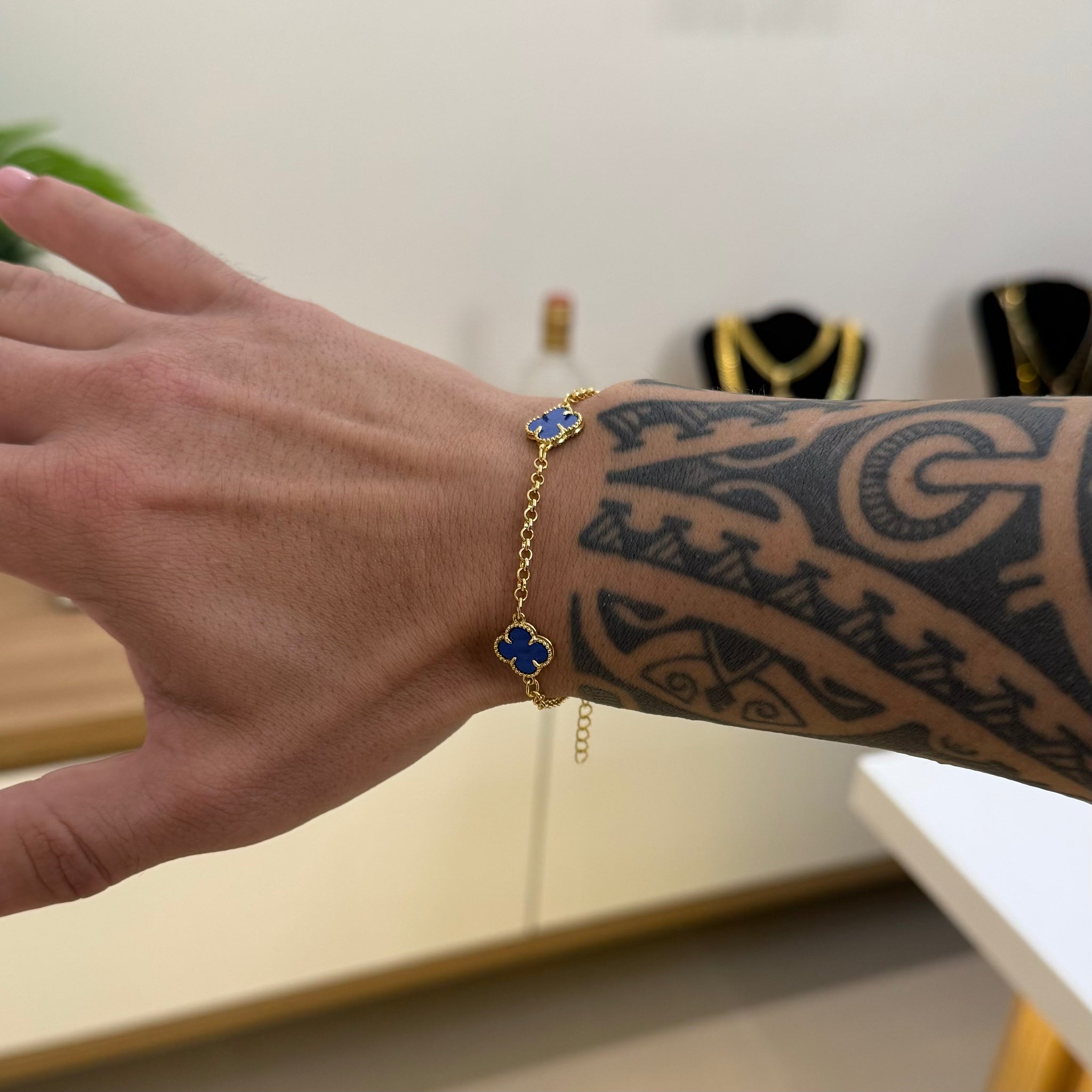 Pulseira Elo Português 2mm Trevo Topázio Banhado A Ouro 18k