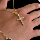 Colar Crucifixo Amarrado - Corrente Elo Português e Pulseira Elo Português Trevo Ônix Banhado A Ouro 18k