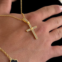 Colar Crucifixo Amarrado - Corrente Elo Português e Pulseira Elo Português Trevo Ônix Banhado A Ouro 18k