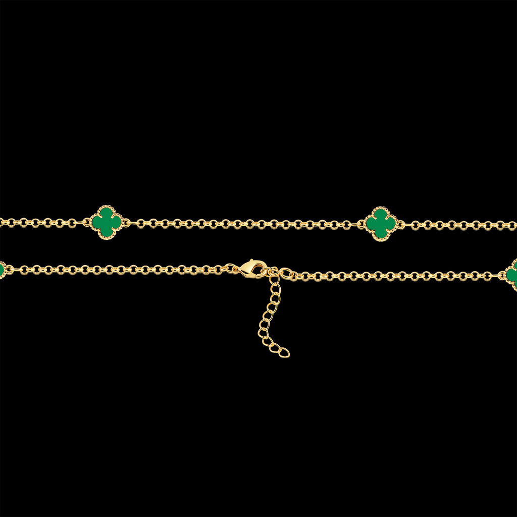Kit Corrente e Pulseira Elo Português 2mm Trevo Esmeralda Banhado A Ouro 18k
